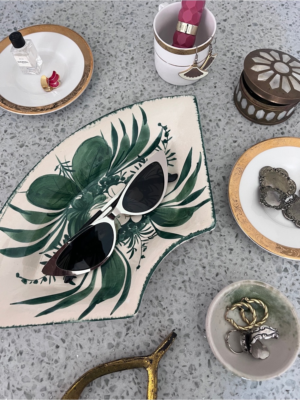 Vintage Italian Ceramic Green White Floral Jewelry Trinket Tray